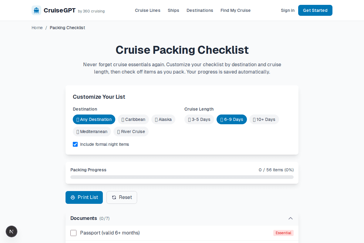 Interactive packing checklist